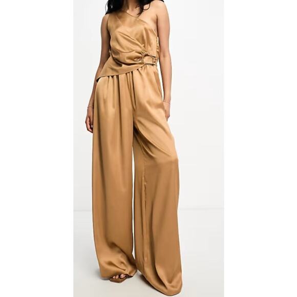 ASOS Pants - ASOS Jumpsuit Satin Drape One Shoulder Gold Hardware Camel Brown NWT 0
